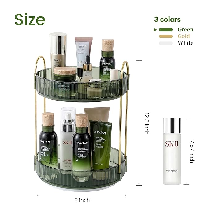 Rotating Makeup Organizer for Vanity, Perfume Skincare Lipstick Organizers for Bathroom Countertop, Clear Make up Storage for Dresser, Bathroom Cosmetics Organizer Storage 360 Spinning(2 Tier, Green)