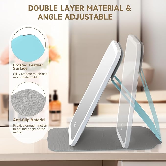 Mocado Travel Makeup Mirro with Lights, 360° Rotation Lighted Makeup Mirror, Portable Mirror with 10x Magnification, 60LEDs 3 Color Lightings, Dimmable Touch Screen, Tabletop Light up Mirror(Blue)