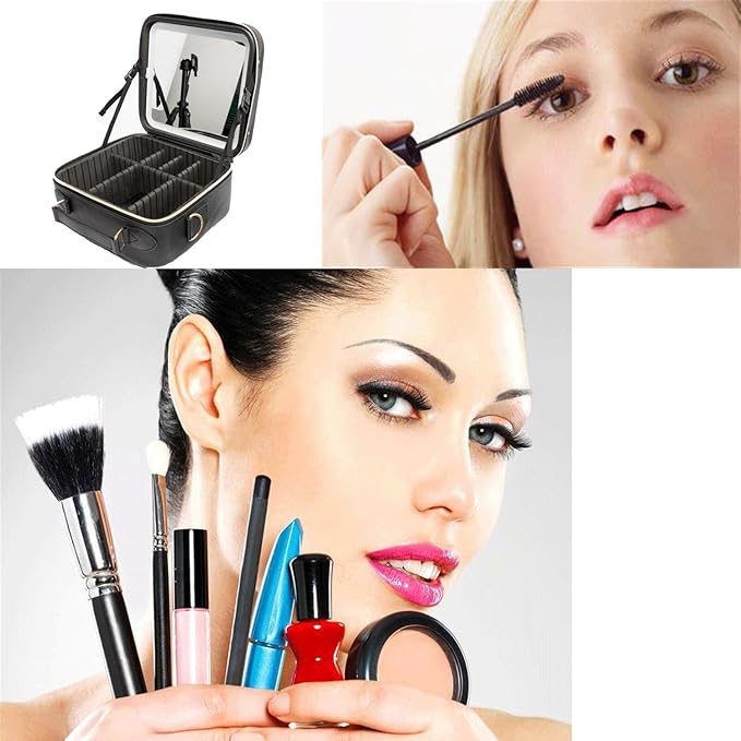 Travel Makeup Bag with LED Lighted，Make up Case with Mirror 3 Color Setting Cosmetic Makeup Box Organizer Vanity Case with Adjustable Dividers Makeup Brushes for Women Beauty Tools Accessories.