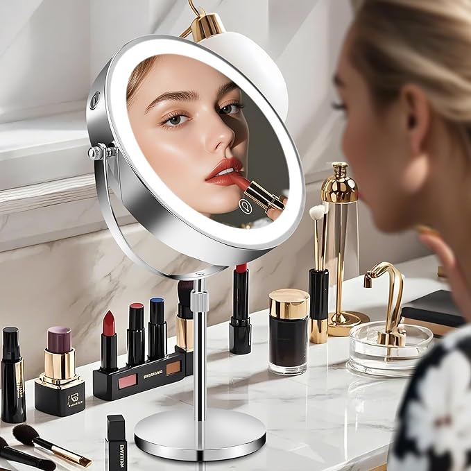 10x Large Lighted Makeup Mirror, Rechargeable 8.7" Double-Sided Vanity Mirror with 3 Color Dimmable Lights, 1X/10X Height Adjustable Magnifying Mirror, 360° Swivel, for Women Girl(Silver)
