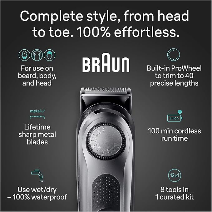 Braun All-in-One Style Kit Series 7 7410, 8-in-1 Trimmer for Men with Beard Trimmer, Body Trimmer for Manscaping, Hair Clippers & More, Sharpest Blade, 40 Length Settings, Waterproof