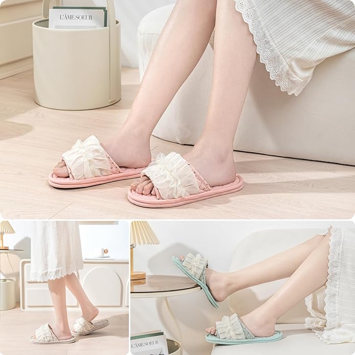3 Pairs Floral Cotton House Slippers for Women, Open Toe Indoor Slippers Comfortable Washable Portable Foldable Guest Travel Hotel Airplane Spa Slippers