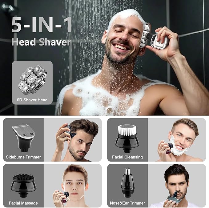 9D Head Shaver for Bald Men, 5-in-1 Electric Razor for Men with Nose Hair Trimmer, Cordless Rechargeable & Waterproof Bald Head Shavers for Wet/Dry with Large Battery, LED Display