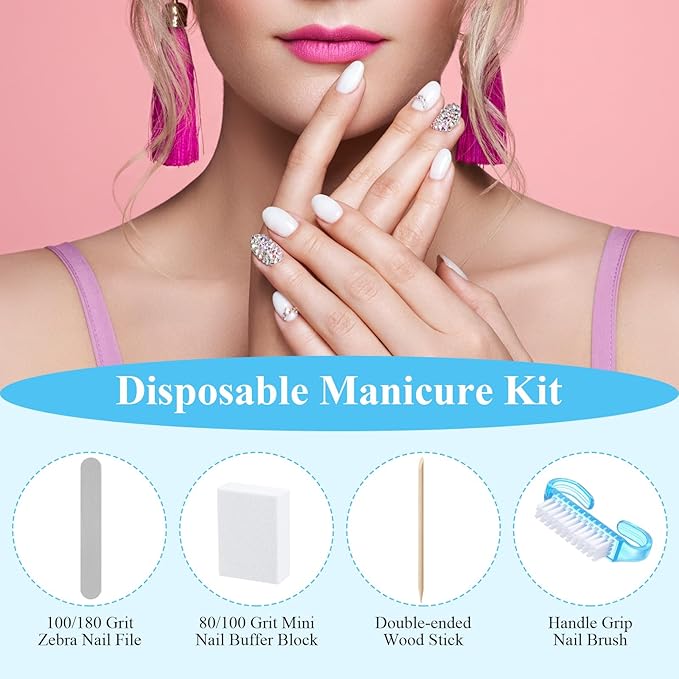 100 Sets Professional Disposable Manicure Kit Basics 4 Piece Nail Kit Wood Nail File 100/180 Grit, Mini Buffer 80/100 Grit, Wood Stick and Handle Grip Brush Gifts (Blue)