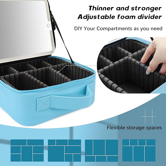 Travel Makeup Bag with LED Lighted Mirror,Cosmetics Organizer, Makeup Bag with 3 Color Lighted Setting, Portable Storage and Adjustable Dividers Travel Makeup Bag(blue)