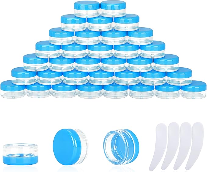 50PCS 3 Gram Sample Containers, 3ml Empty Jars with Lids, Small Cosmetic Containers, Mini Sample Jars with 4PCS Mini Spatulas for Make Up, Oils, Lotion, Powder, Paint, Jewelry, Lip Balms(Blue Lid)