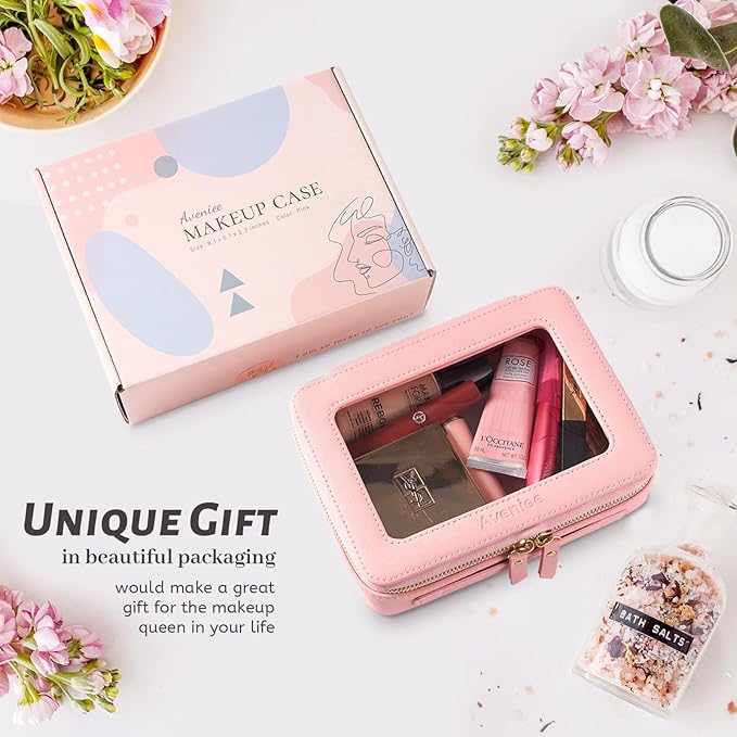 Aveniee Clear Makeup Bag Organizer, Portable Travel Toiletry Cosmetic Bag Case for Women, Heavy Duty Make Up Pouch with Transparent Vinyl Windows & Gold Zippers(Pink)