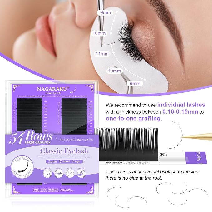 NAGARAKU Eyelash Extensions 0.03mm D Curl 7-15mm Mixed Length Individual Lashes Extensions Classic Matte Black 54 Rows Large Tray Soft Natural Professional Beauty Salon Lash Supplies