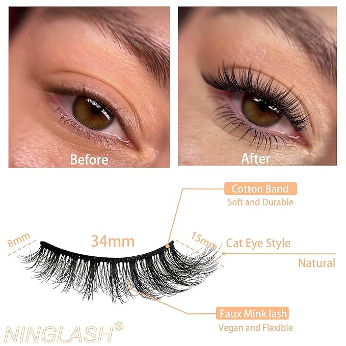 Cat Eye Lashes NINGLASH Wispy Lashes False Eyelashes Natural Look Fake Eyelash 15mm Faux 3D Mink Lashes Strips 7 Pairs Fluffy Lash Pack