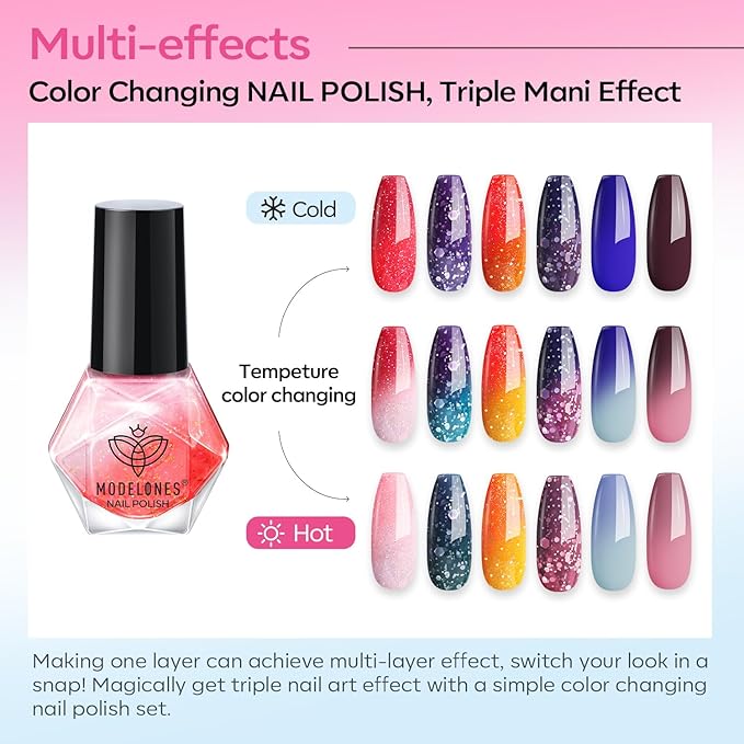 modelones Color Changing Nail Polish Set, 6 Colors Winter Pink Blue Purple Orange Neon Mood Temperature Change Ombre Quick Dry Mini Nail Polish Manicure DIY Nail Art Salon Valentine's Gift