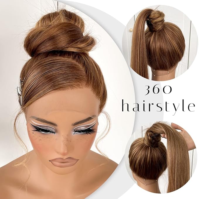 360 Highlight Ombre Lace Front Wig Pre Plucked Honey Blonde Long Straight HD Lace Front Wigs Yaki Synthetic Glueless Straight Lace Front Wig 32inch