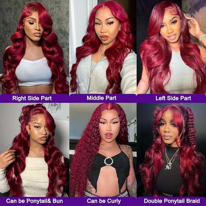 99J Burgundy Lace Front Wigs Human Hair Pre Plucked 13x6 Body Wave HD Transparent Lace Frontal Glueless Wigs Human Hair Red Wigs For Black Women Natural Hairline with Baby Hair 24 Inch