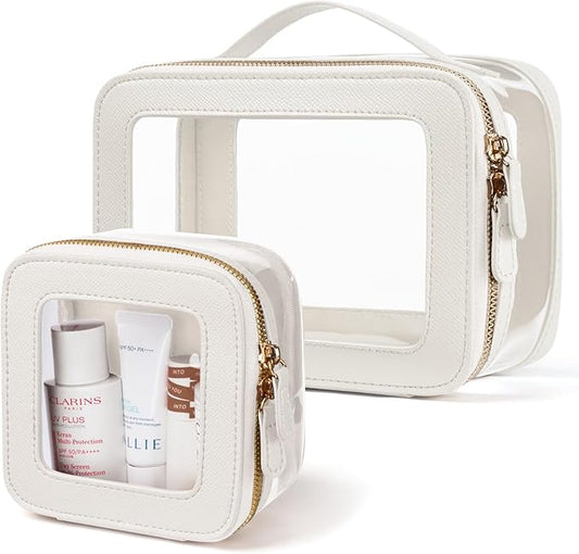 Clear Cosmetic Bag Set for Women Makeup Bag with Handle, TSA Travel Toiletry Bag Transparent Cosmetic Case Portable Make Up Organizer Bag for Essentials (White, Mini+S)