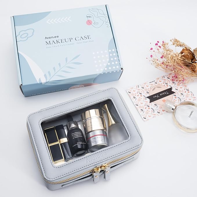 Aveniee Clear Makeup Bag for Women, Clear Cosmetic Bags Travel Toiletry Bag, Heavy Duty Makeup Organizer, Makeup Train Case with Clear Windows & Gold Zippers(Pearl Blue)