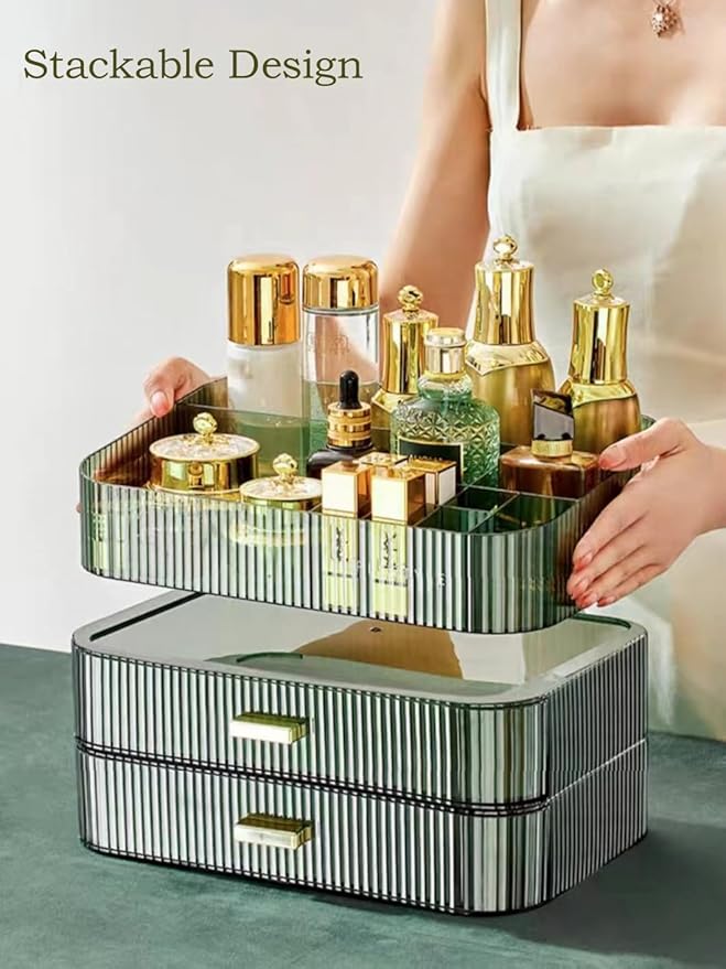 MIUOPUR Makeup Organizer with Stackable Drawers, Bathroom Vanity Organizers and Storage, Ideal for Desk and Dresser Countertops, Great for Cosmetics, skincare, Lipsticks, Nail Care -Green