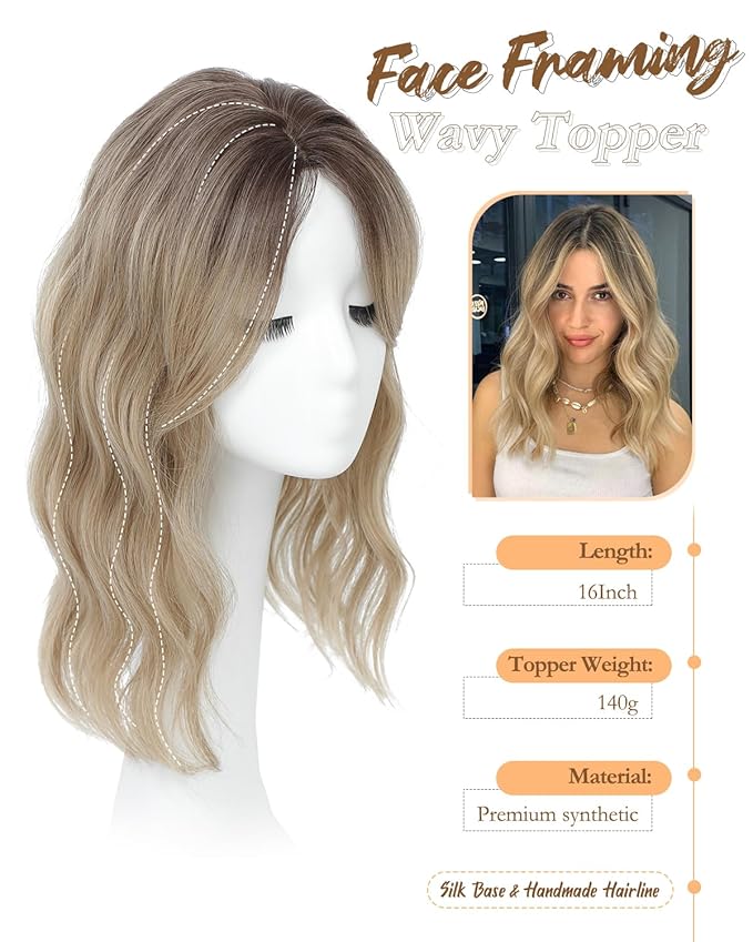 PANEWAY Hair Topper 16Inch Hair Toppers For Women Wavy Curly Ombre Blonde With Dark Root Clip In Hair Topper Add Hair Volume Synthetic Wiglets Hair Pieces For Women