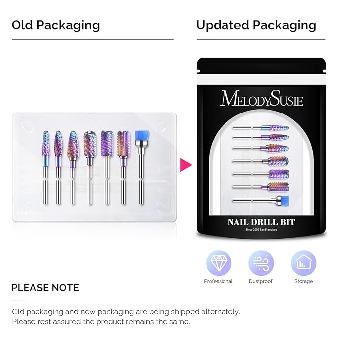 MelodySusie Nail Drill Bits Set, 7pcs Tungsten Carbide Diamond Nail Drill Bits for Acrylic Nails Poly Gel Cuticle Remove, 3/32'' Professional Nail Bits for Nail Drill Efile (A-Colorful)
