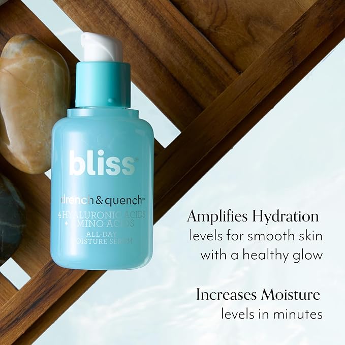 Bliss Drench & Quench Hyaluronic Acid Serum with Amino Acids | Multi-Layer Moisture & Plumping | Lightweight Water-Based Formula | For All Skin Types | Clean, Vegan, Cruelty-Free | 1 Fl Oz