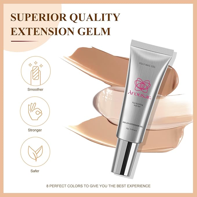 Poly Nail Gel Kit, 8 Colors Nail Extension Gel, Clear Black Gold Glitter Builder Nail Gel with 2 Gel Polish, Base and Top Coat, Slip Solution, Nail Lamp DIY Salon at Home for Women