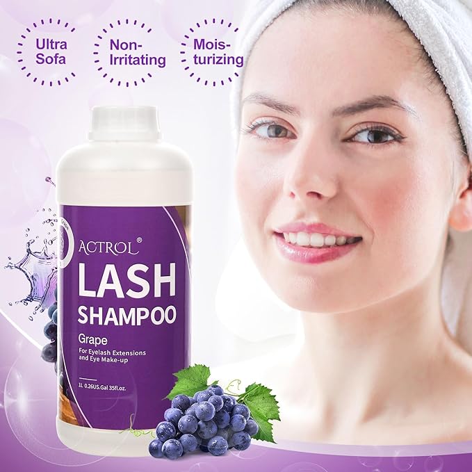 Eyelash Extension Cleanser Grape 1L Natural Lash Extension Shampoo Professional Eyelid Foaming Cleanser Paraben & Sulfate Free Non-lrritating with Salon and Home Care