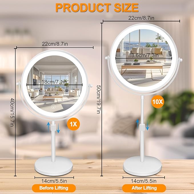 10x Large Lighted Makeup Mirror, Rechargeable 8.7" Double-Sided Vanity Mirror with 3 Color Dimmable Lights, 1X/10X Height Adjustable Magnifying Mirror, 360° Swivel, for Women Girl(White)