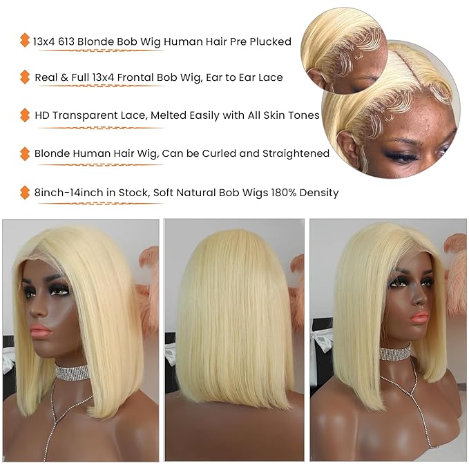 613 Blonde Human Hair Bob Wig 13x4 Lace Front for Black Women - Pre Plucked, 12 Inch, HD Lace, 180% Density, Blunt Cut