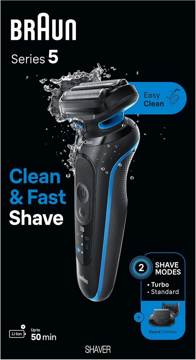 Braun Electric Shaver for Men, Series 5 5120s, Wet & Dry Shave, Turbo Shaving Mode, Foil Shaver, Engineered in Germany, with Beard Trimmer & Attachments, Blue