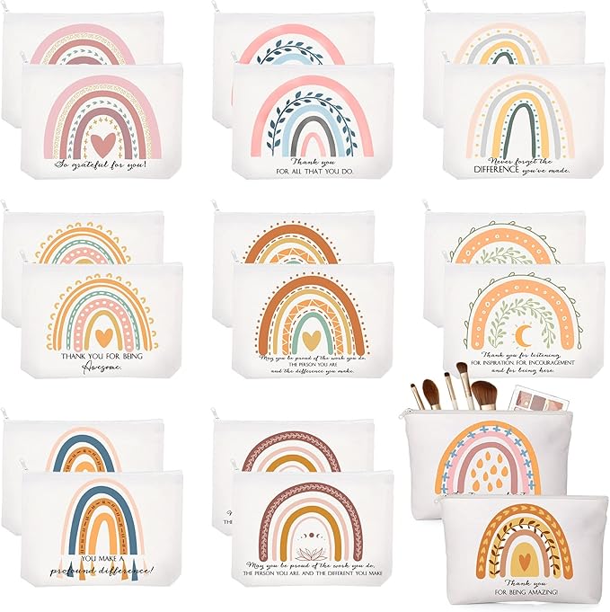 Sieral 20 Pcs Canvas Makeup Bags Bulk Inspirational Cosmetic Bag Pouch with Zipper for Women Employee Appreciation Thank You Gifts for Volunteer Teacher Nurse Assistant Mom Gifts(Rainbow)