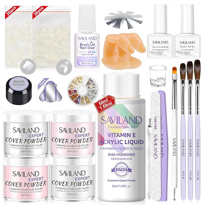 SAVILAND French Acrylic Nail Kit: Beginner Nail Kit Acrylic Set Easy to Use Acrylic Powder and Liquid Set with Half Cover Nail Tips Acrylic Nail Brushes Nail Tools for DIY French Manucure Kit