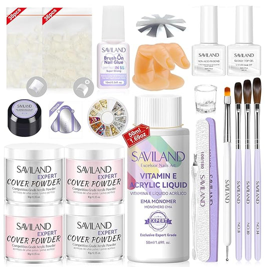 SAVILAND French Acrylic Nail Kit: Beginner Nail Kit Acrylic Set Easy to Use Acrylic Powder and Liquid Set with Half Cover Nail Tips Acrylic Nail Brushes Nail Tools for DIY French Manucure Kit