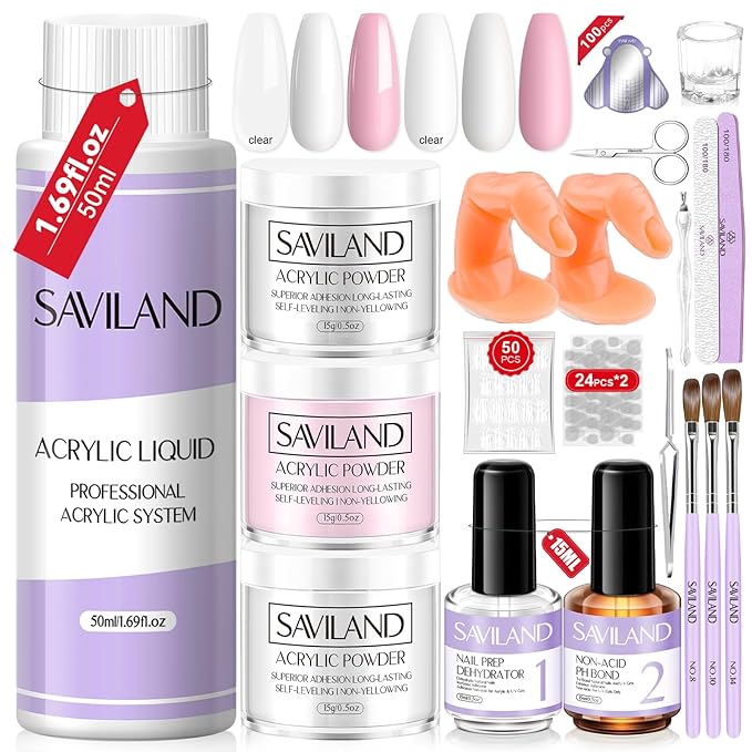 SAVILAND Acrylic Nail Kit with Everything for Beginners: Clear White Pink Acrylic Powder and Liquid Set with Acrylic Brush Nail Dehydrator and Primer Professional Acrylic Nail Set Starter Kit Home DIY