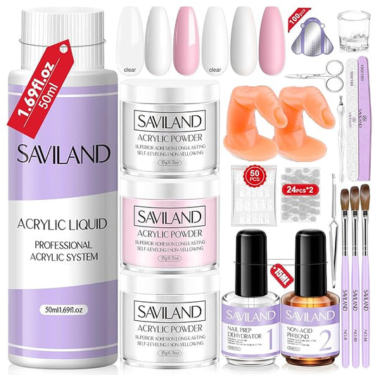 SAVILAND Acrylic Nail Kit with Everything for Beginners: Clear White Pink Acrylic Powder and Liquid Set with Acrylic Brush Nail Dehydrator and Primer Professional Acrylic Nail Set Starter Kit Home DIY