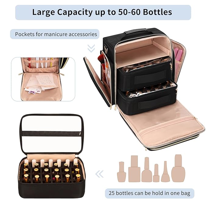 OCHEAL Nail Polish Organizer Case for 50-60 Bottles (15ml) - Portable Manicure Storage Bag with 2 Detachable Pouches, Nail Lamp Compartment & Tools Sections - Travel-Friendly Cosmetic Carrying,Black