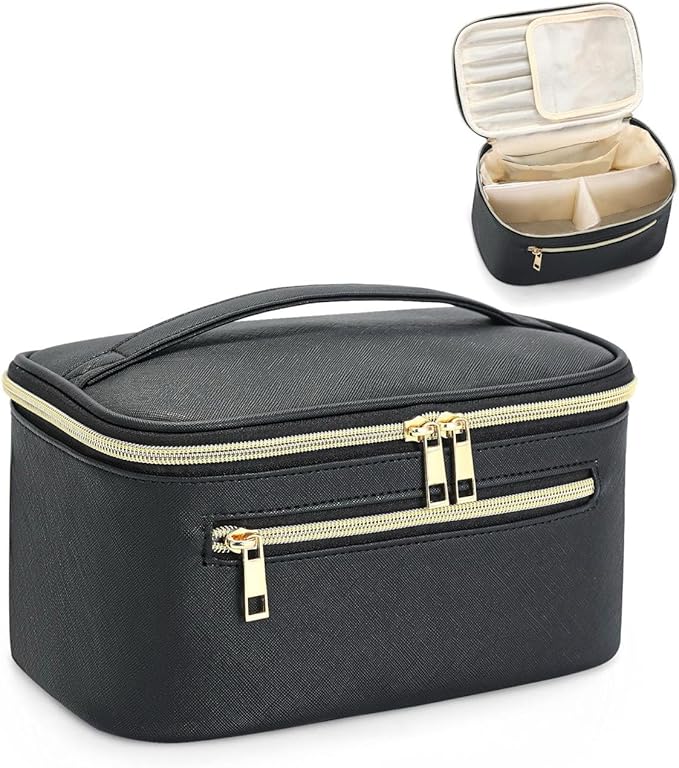 Travel Makeup Bag Organizer, Large Capacity Cosmetic Pouch for Women, Waterproof Make Up with Divider, Clamshell Makeup Case Make Up Bag with Handle and Metal Zipper, Travel Essentials Black
