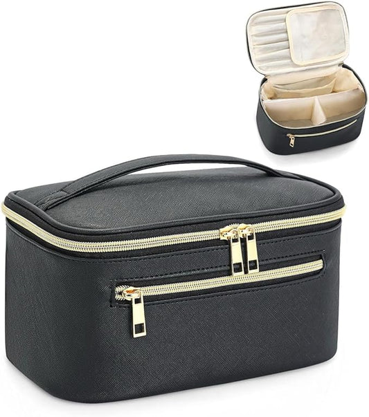 Travel Makeup Bag Organizer, Large Capacity Cosmetic Pouch for Women, Waterproof Make Up with Divider, Clamshell Makeup Case Make Up Bag with Handle and Metal Zipper, Travel Essentials Black