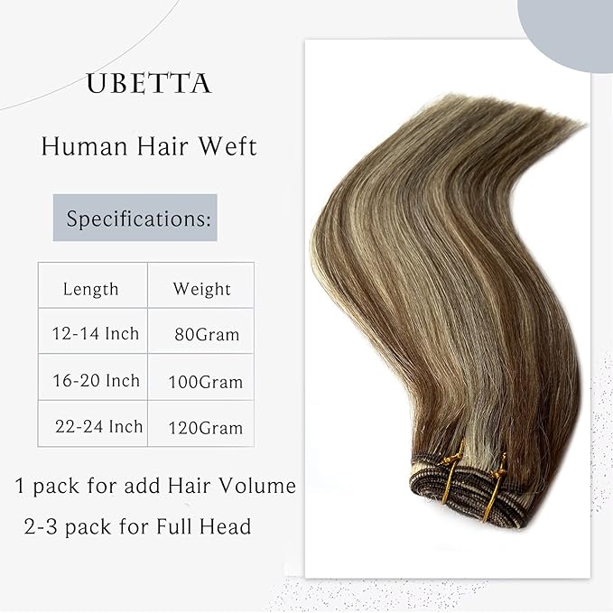 Ubetta Real Human Hair Extensions, 14Inch 80G Weft, Chocolate Brown Balayage Blonde Highlights, Hand Tied Weft Hair Weave Bundles