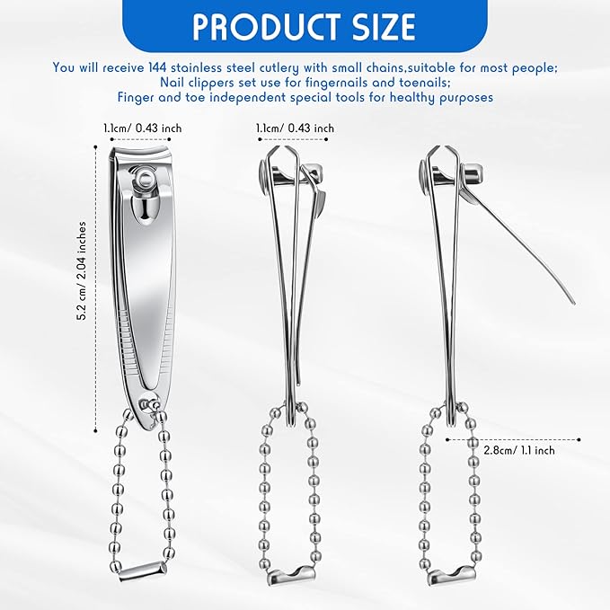 Chumia 144 Pieces Nail Clippers Set Stainless Steel Metal Nail Cutter Fingernail Toenail Clippers Bulk Silver Cutter Fingernails for Adults Men Women with Keychain