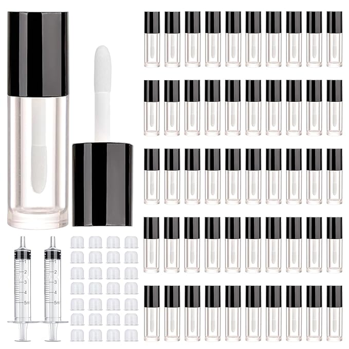 50pcs 2.5ml Empty Lip Gloss Containers Lip Gloss Tubes with Wand Cute 0.08oz Clear Refillable Lipgloss Making Supplies Kit for DIY Makeup + 2pcs Syringes (Black)