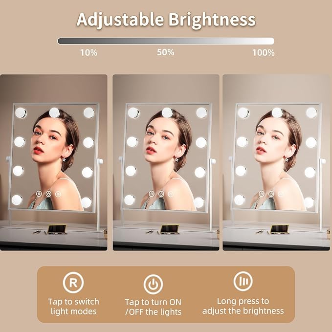 COSMIRROR Hollywood Makeup Mirror with Lights, Lighted Vanity Mirror with 9 Dimmable Bulbs and 3 Color Lighting Modes, Smart Touch Control, Plug in Light Up Mirror (White)