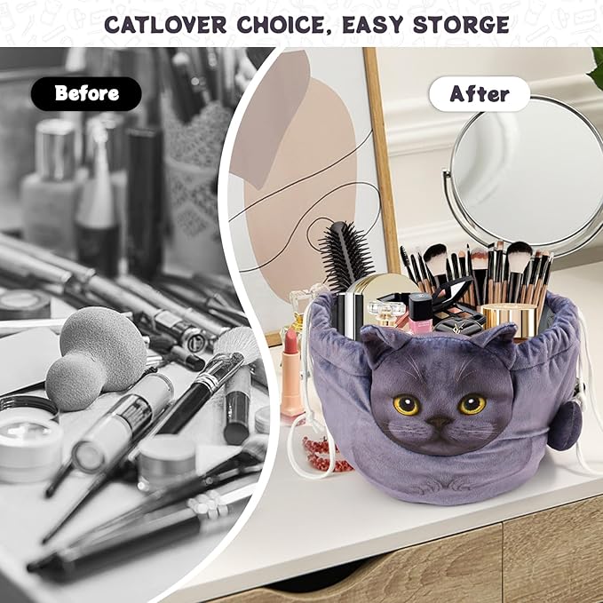 Openhaha Drawstring Makeup Organizer, Travel Cosmetic Pouch - Cat Gift for Women, Lay Flat Makeup Bag Gifts for Cat Lovers
