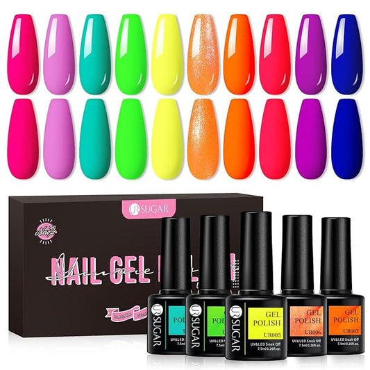 UR SUGAR Neon Gel Nail Polish Set, 10 Colors Hot Pink Orange Yellow Green Blue Red Purple Neon Pastel Color Spring Summer Nail Polish Fluorescent Gel Polish Soak Off Nail Art Gifts Set for Women