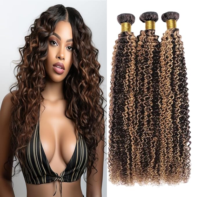 Ombre Human Hair P1B/30 Kinky Curly Bundles Two Tone Black Mixed With Light Brown Highlight Bundles Brazilian Human Hair Weave Wet and Wavy for Black Women 24 26 28 Inch