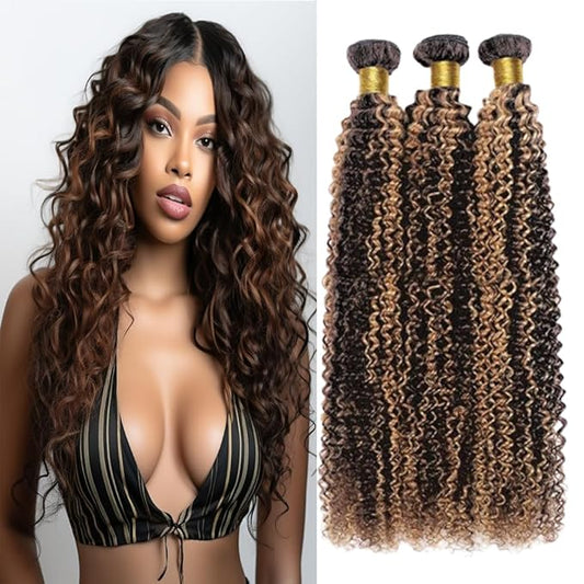 Ombre Human Hair P1B/30 Kinky Curly Bundles Two Tone Black Mixed With Light Brown Highlight Bundles Brazilian Human Hair Weave Wet and Wavy for Black Women 24 26 28 Inch