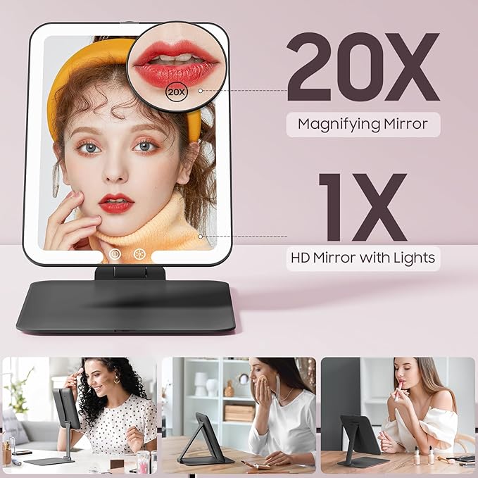 Benbilry Foldable Travel Makeup Mirror with Lights and 20X Magnification, Rechargeable Tabletop LED Vanity Mirror with Adjustable Stand, 3-Colored Dimmable Lighting, Portable Cosmetic Mirror, Black