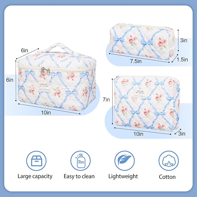 Quilted Makeup Bag,Large Cosmetics Bag Set,Cotton Coquette Floral Make up Pouch,Travel Toiletry Bag for Women