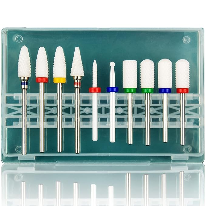 Feecy Nail Drill Bits Set Ceramic for Acrylic Nails Gel Polish Professional, 3/32 Inch Efile Nail Drill Bits Kit for Cuticle Safety Barrel Nail Art Tools with Holder, 10pcs (S10-C)