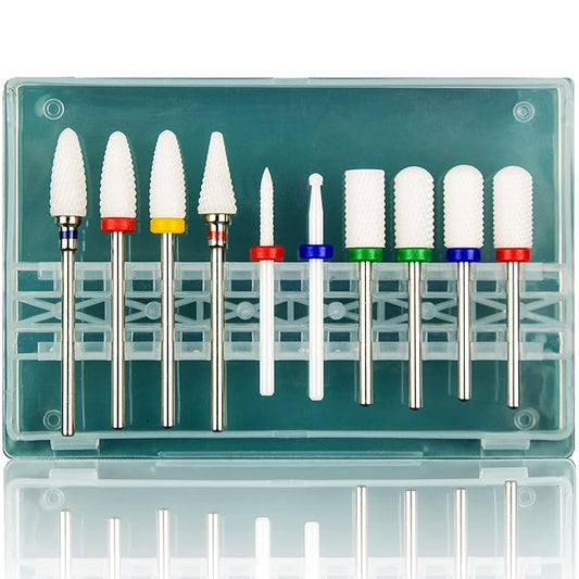 Feecy Nail Drill Bits Set Ceramic for Acrylic Nails Gel Polish Professional, 3/32 Inch Efile Nail Drill Bits Kit for Cuticle Safety Barrel Nail Art Tools with Holder, 10pcs (S10-C)