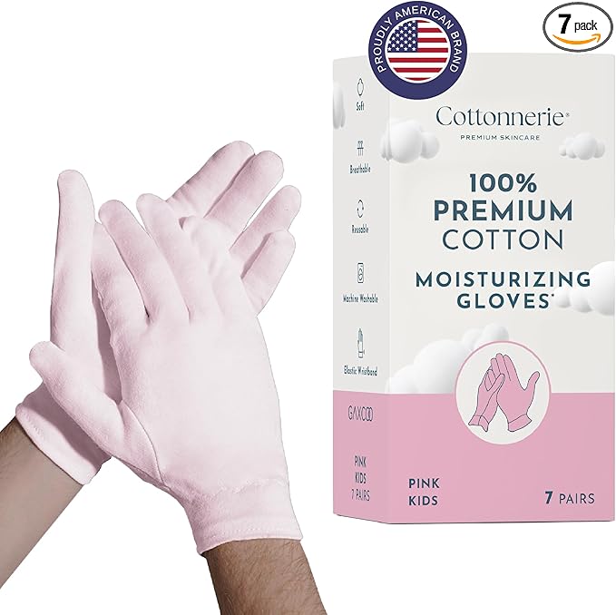 Kids 7 Pairs Pink 100% Premium Cotton Moisturizing Gloves for Kids: Dry Hands & Eczema | Overnight Lotion Treatment for Children, Girl & Boy | Reusable, Free Washing Bag, 2-5 Years