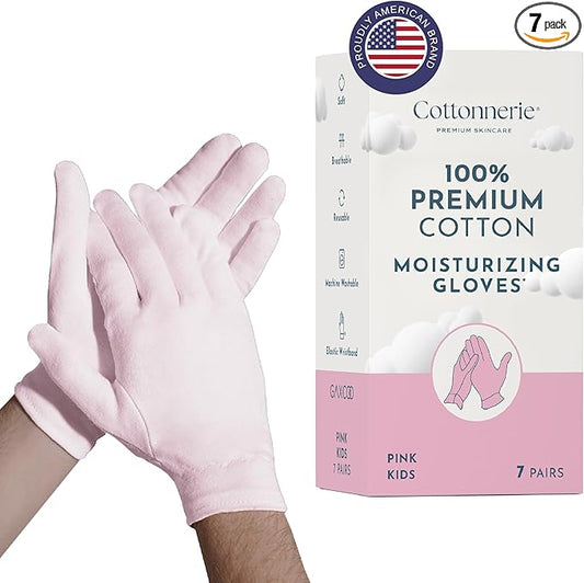 Kids 7 Pairs Pink 100% Premium Cotton Moisturizing Gloves for Kids: Dry Hands & Eczema | Overnight Lotion Treatment for Children, Girl & Boy | Reusable, Free Washing Bag, 2-5 Years