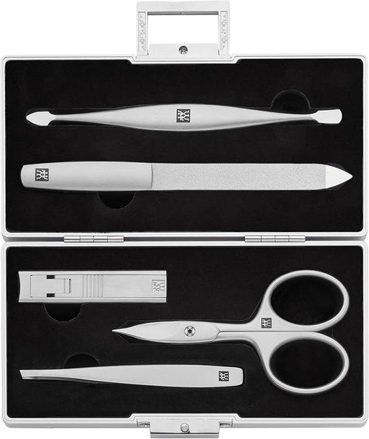 Manicure Set (5 piece, aluminum case for nail care and pedicure, velvet inlay with compact nail clipper), Premium, Black